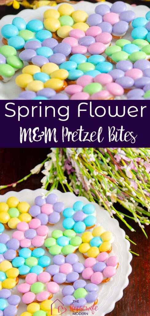 Pin image for easy spring flower pretzel bites.