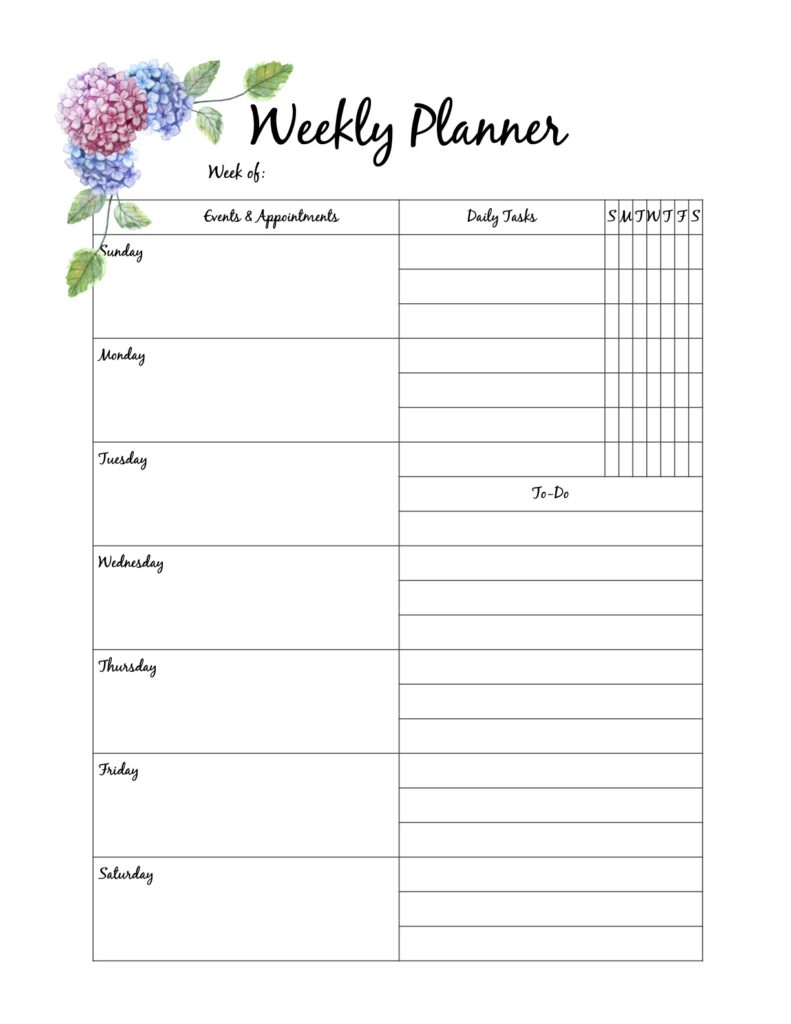 Weekly planner, hydrangia