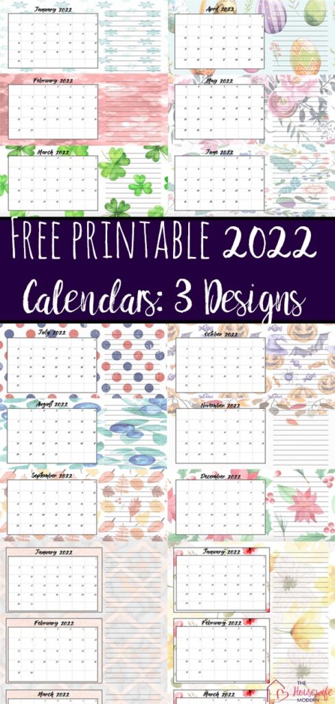 Pin image showing a preview of all three printable 2022 quarterly calendars