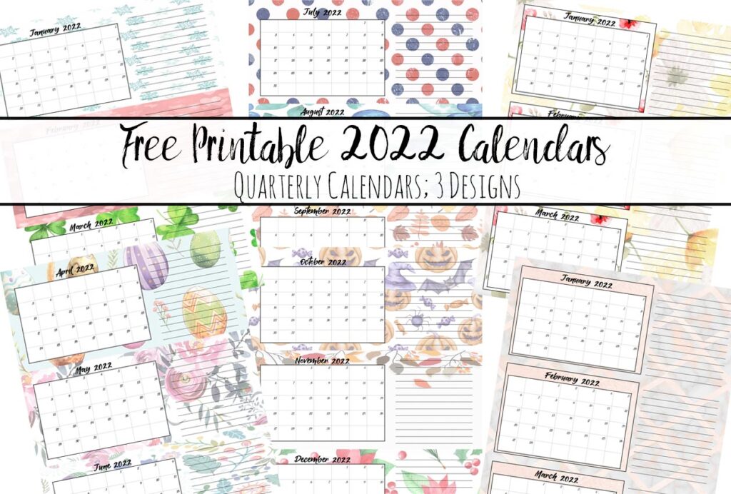 Featured image showing a preview of all three printable 2022 quarterly calendars