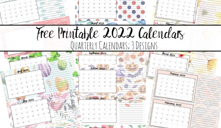 Featured image showing a preview of all three printable 2022 quarterly calendars
