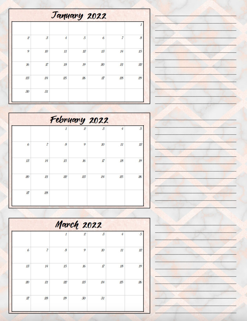 Image of single page of 2022 quarterly calendar: January through March