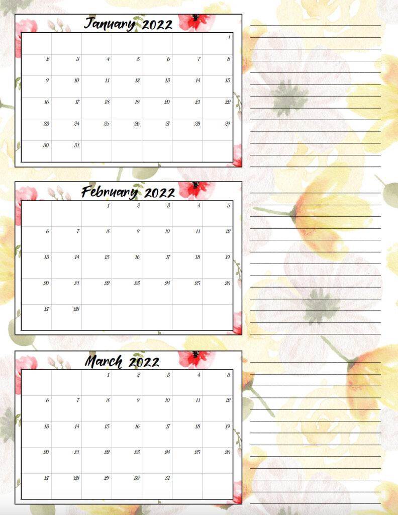 Image of single page of 2022 quarterly calendar: January through March