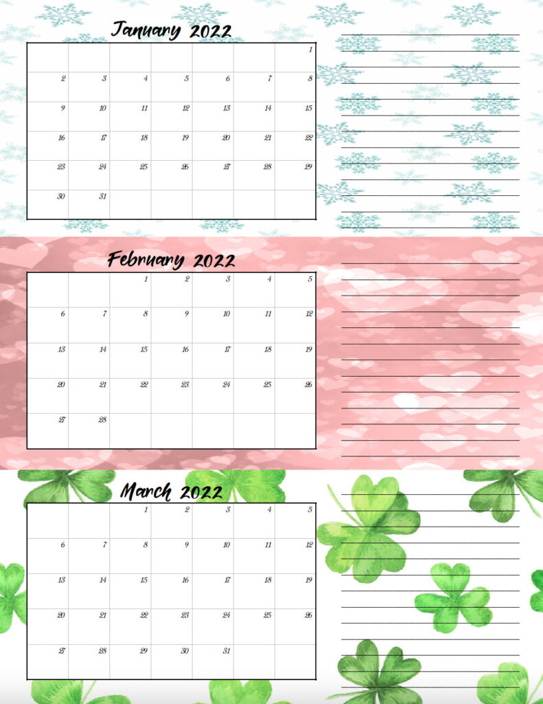 Image of single page of 2022 quarterly calendar: January through March