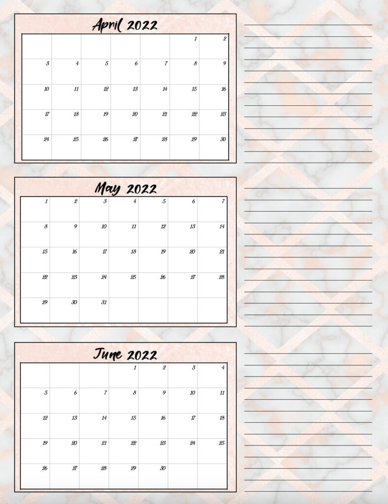 Image of single page of 2022 quarterly calendar: April through June
