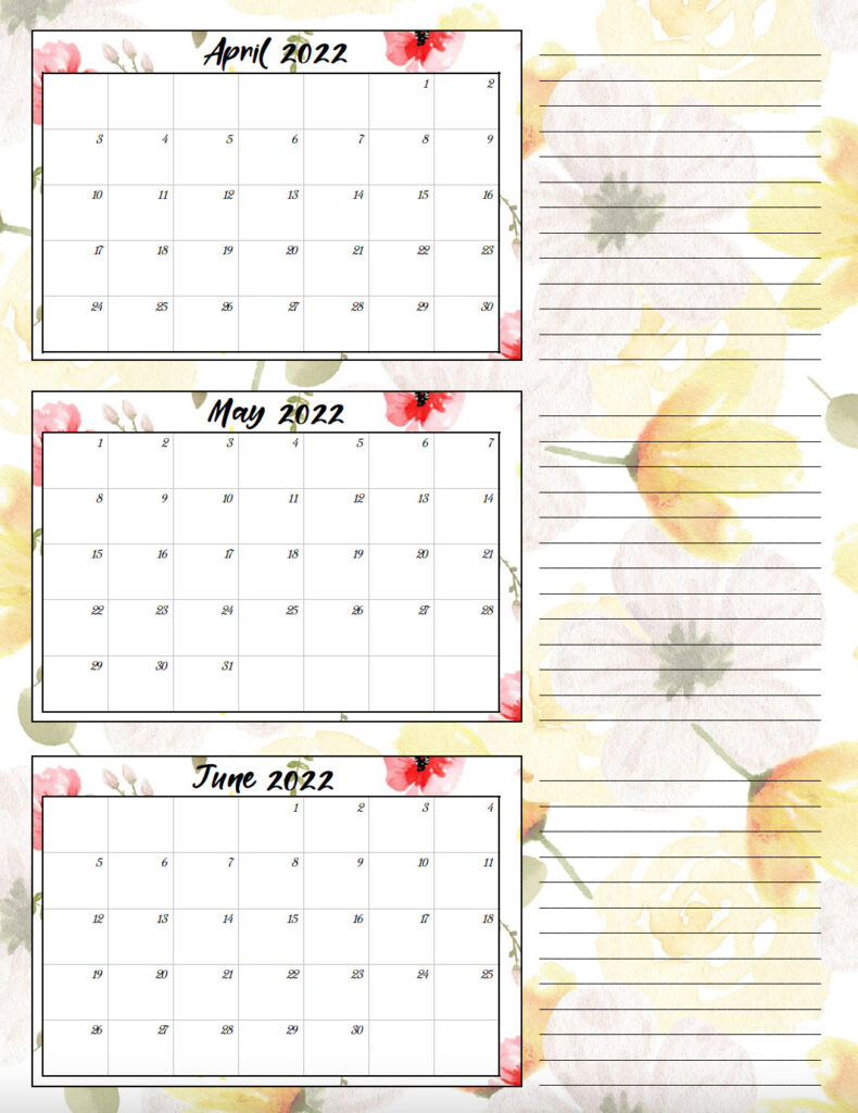 Image of single page of 2022 quarterly calendar: April through June