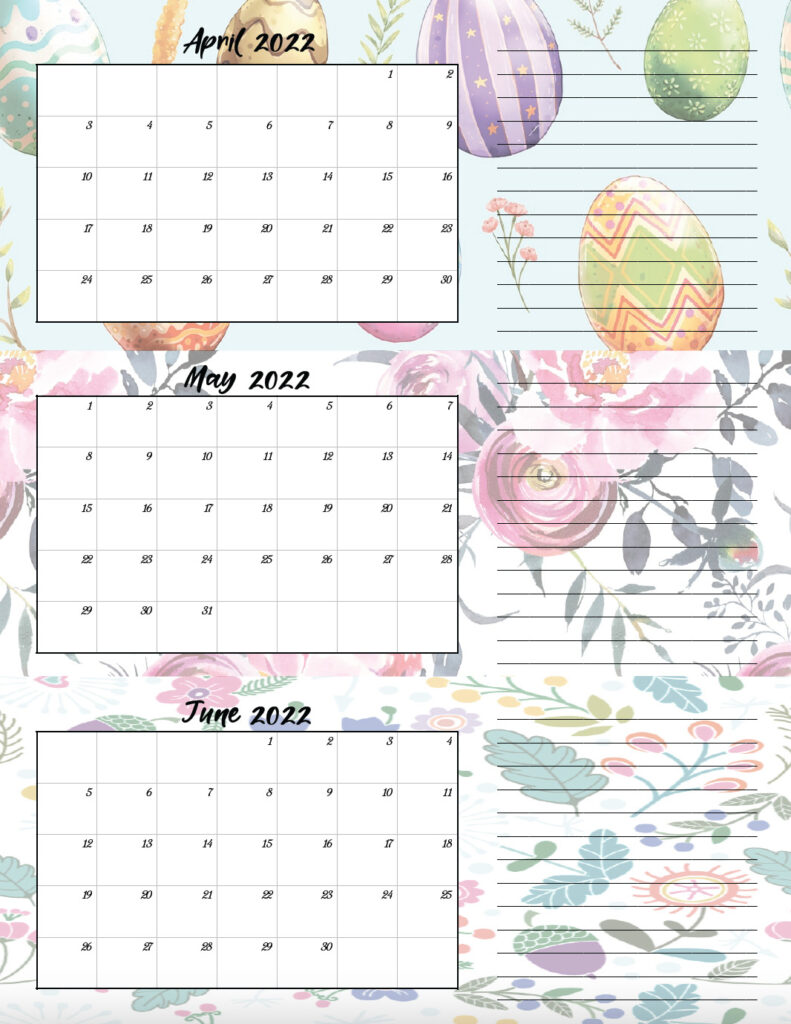 Image of single page of 2022 quarterly calendar: April through June