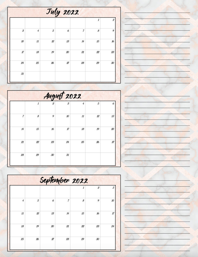Image of single page of 2022 quarterly calendar: July through September