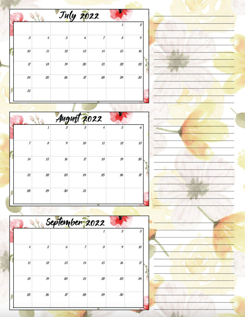 Image of single page of 2022 quarterly calendar: July through September