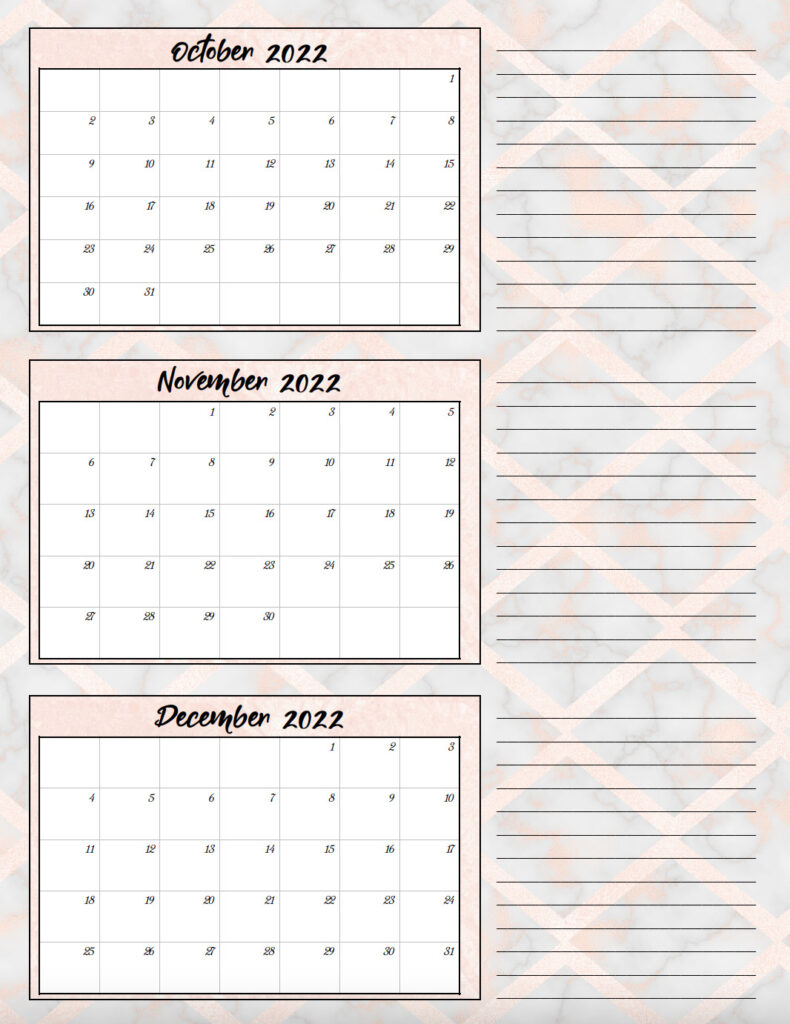 Image of single page of 2022 quarterly calendar: October through December