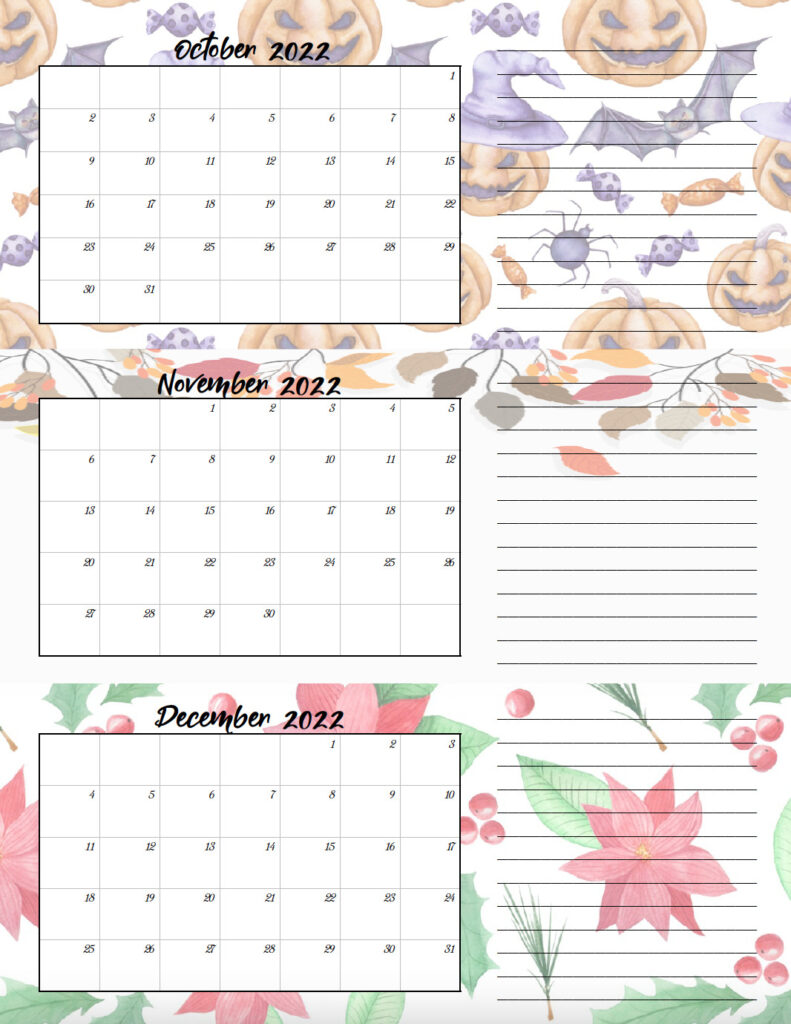 Image of single page of 2022 quarterly calendar: October through December