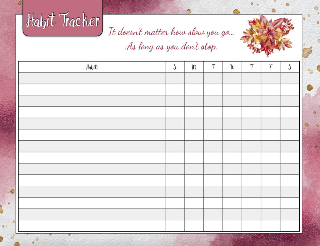 Weekly habit tracker, Pink and white background, floral accent