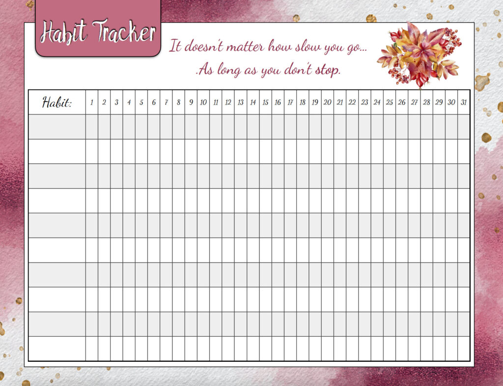 Monthly habit tracker. Pink and white background, floral accent