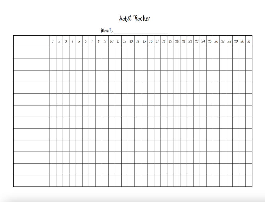 Black and white monthly habit tracker, landscape