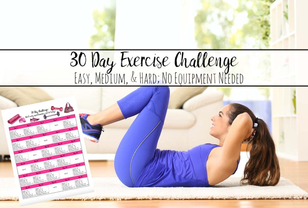 Featured image. Woman doing sit-ups, text overlay, image of printable