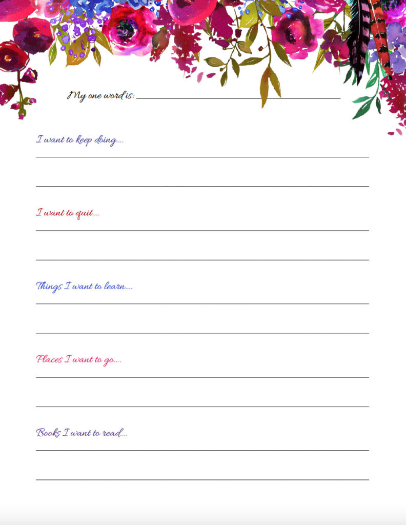 New Year's Goal Template. Flower dropdown. Choose your word and 5 questions.