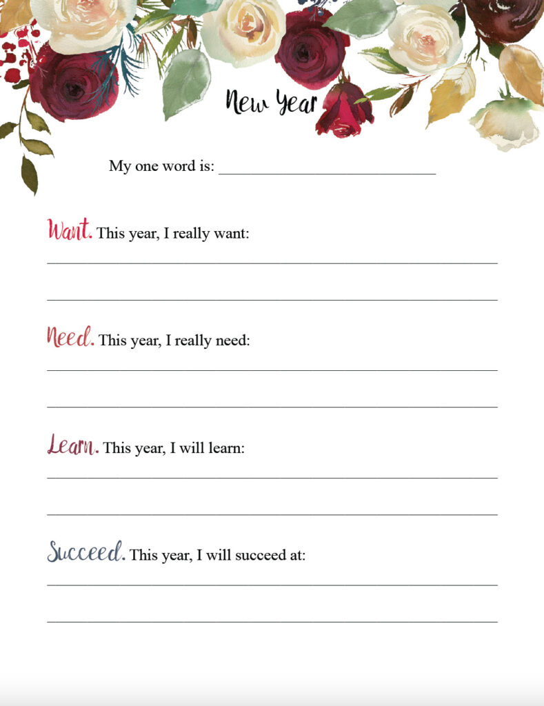 New Year's Goal Template. Flower dropdown. Choose your word and 4 questions.
