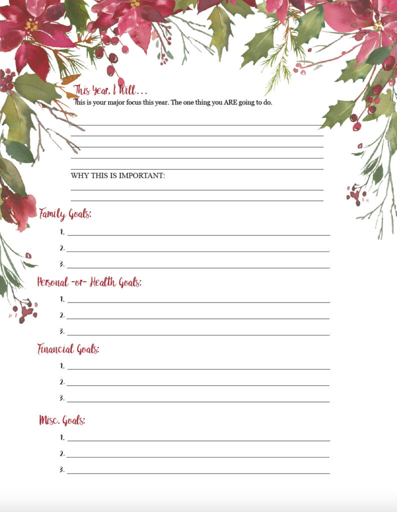 New Year's Goal Template. Flower dropdown. Sections for various goal areas.