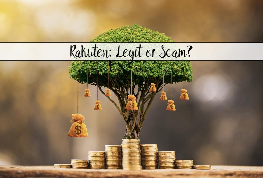 Featured image for Rakuten review. Tree with money bags and piles of coin in front.