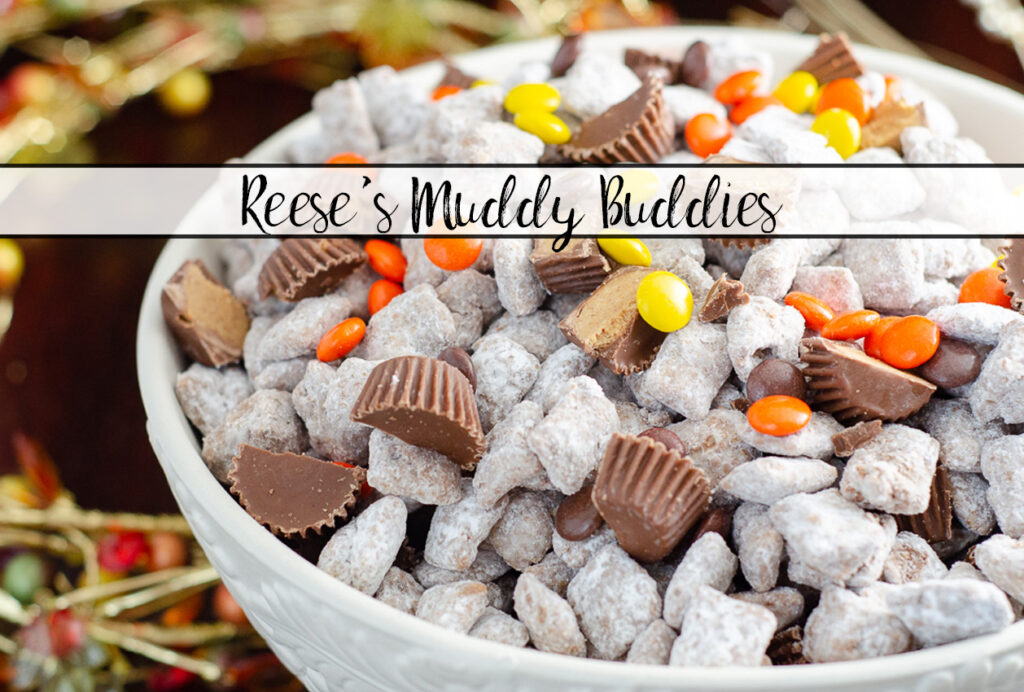 Featured image. Large white bowl of Reese's Muddy buddies on wood background with fall colored wire and beads.