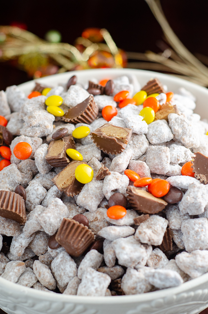 White bowl with Reese's muddy buddies close-up, vertical photo.