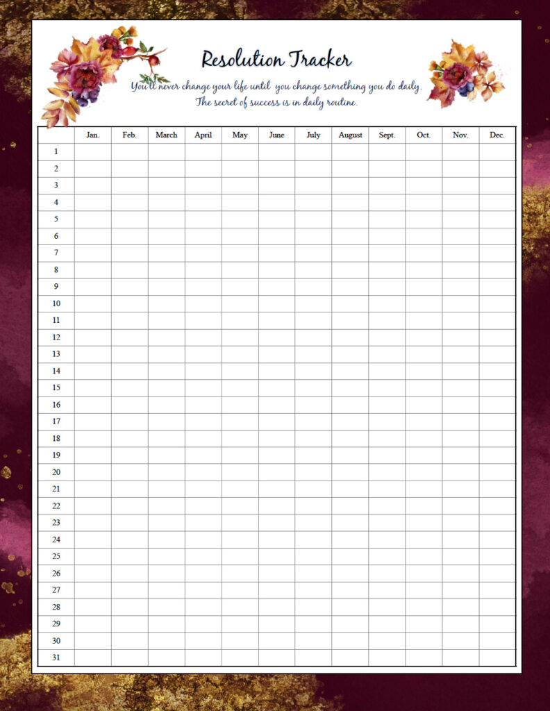 Free printable resolution tracker. Colorful with flowers. Vertical table format.
