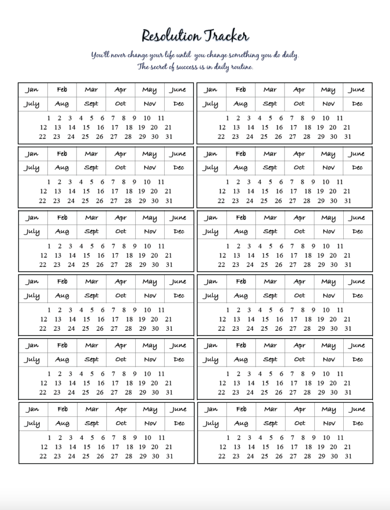 Free printable resolution tracker. Black and white, vertical. Choose your month.