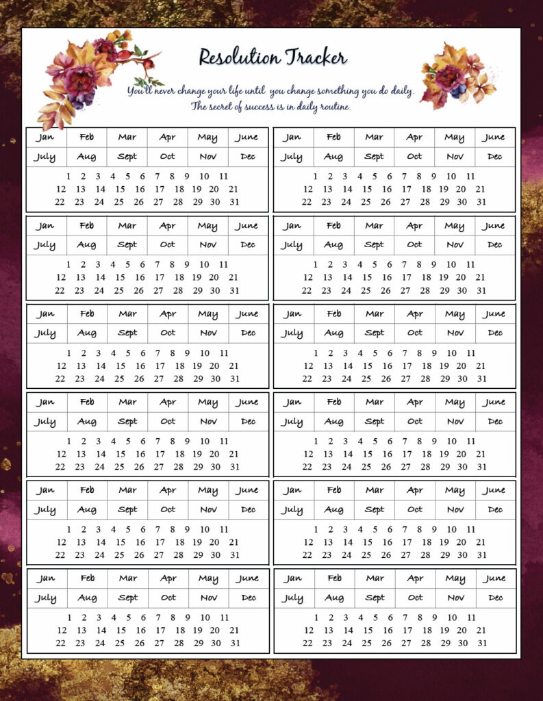 Free printable resolution tracker. Colorful with flowers. Choose your month.