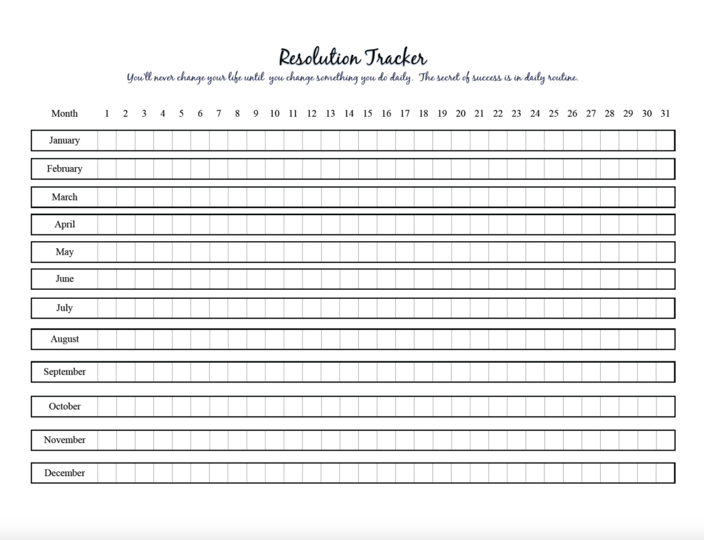 Free printable resolution tracker. Black and white, horizontal.