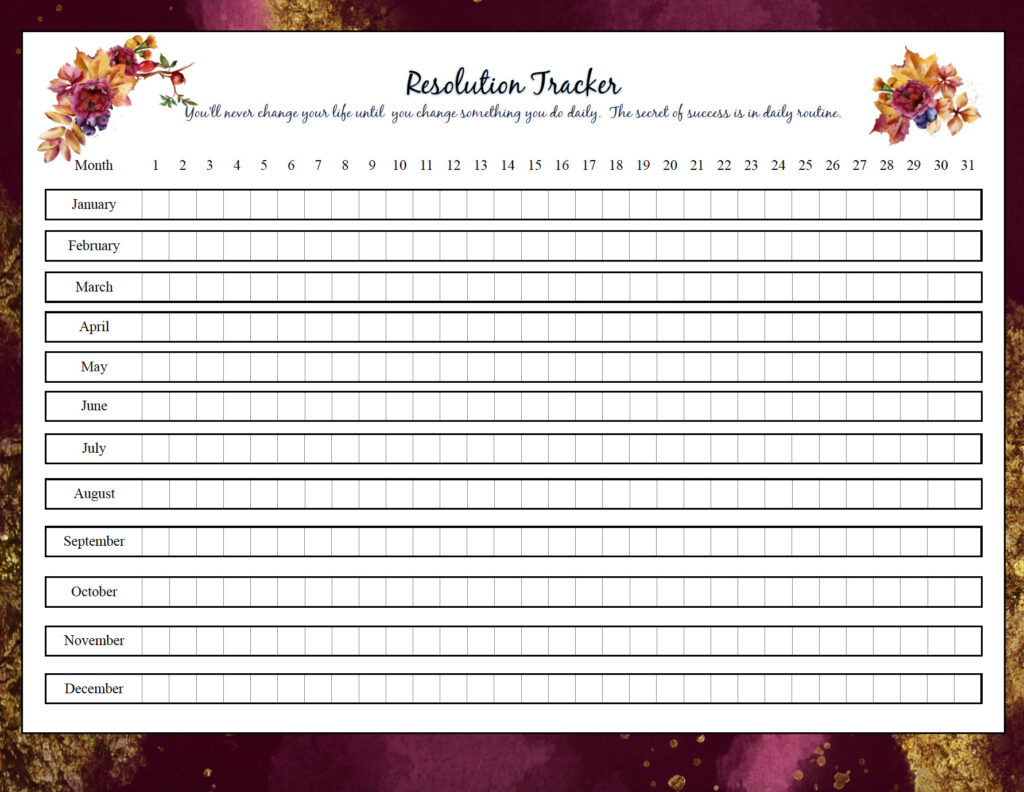 Free printable resolution tracker. Colorful background, horizontal.