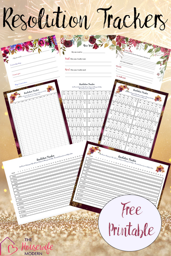 Pin image. Fireworks and gold dust background with preview of free printable resolution trackers.