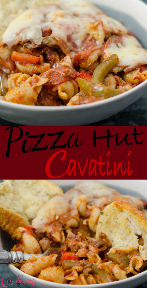 Pin image for Pizza Hut cavatini. Two images of white bowl filled with cavatini. Text overlay.