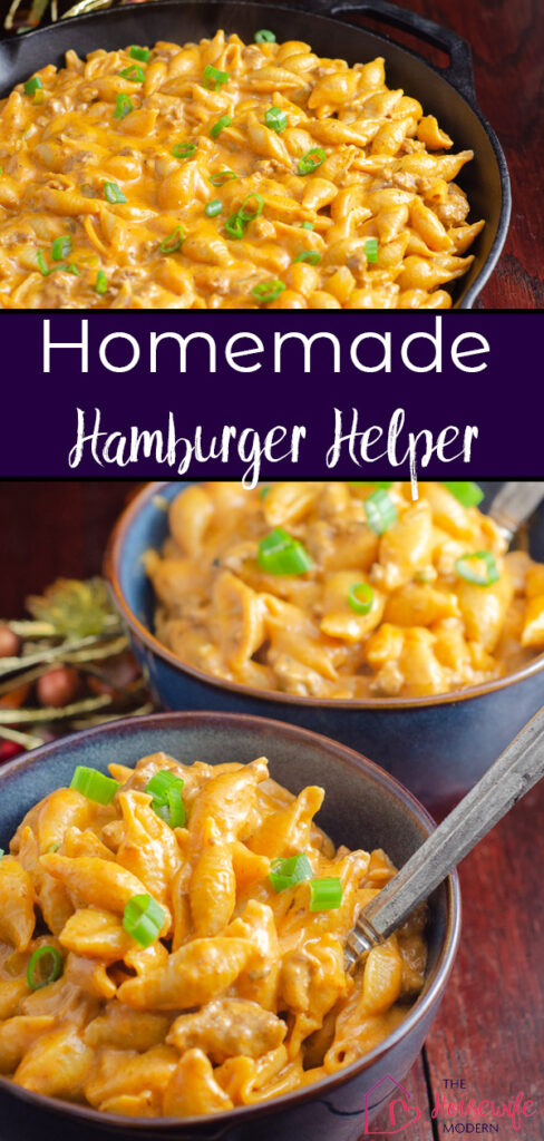 Pin image for homemade hamburger helper. Top image in cast iron skillet. Bottom image in two blue bowls.