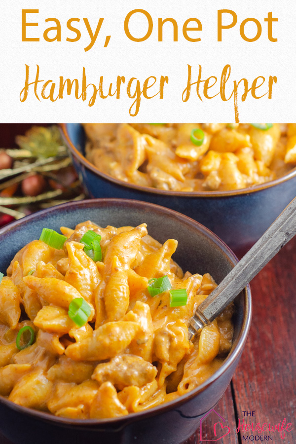 Pin image for homemade hamburger helper. Two blue bowls with text overlay.