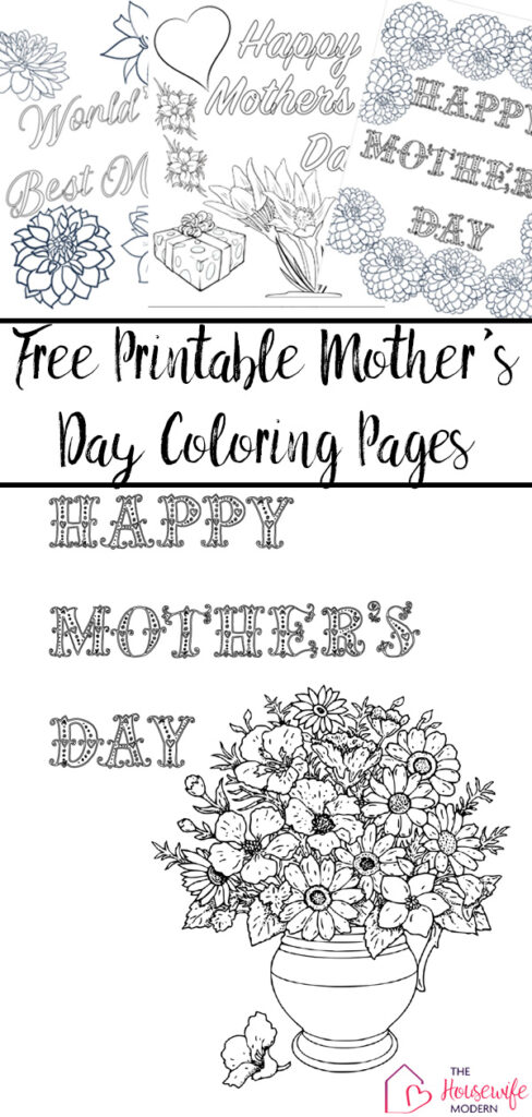 Pin image for free printable Mother's Day coloring pages. Preview of pages.