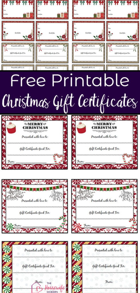 Pin image for free printable Christmas gift certificates. Preview of both pages, purple block with text overlay.