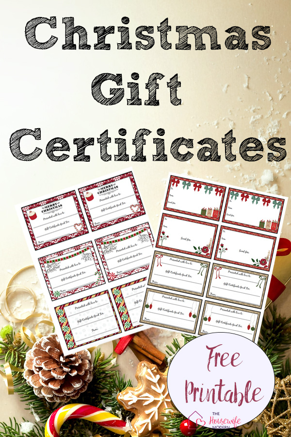 Pin image for free printable Christmas gift certificates. Christmas background, preview of all gift certificates, and text overlay.