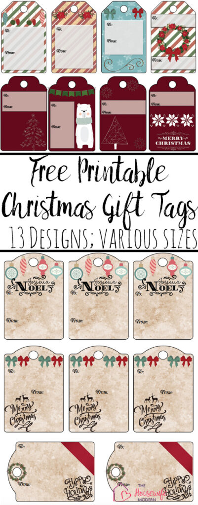 Pin image for free printable Christmas gift tags. Preview of 11 of the designs