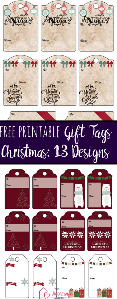 Pin image for free printable Christmas gift tags. Preview of 8 of the designs.