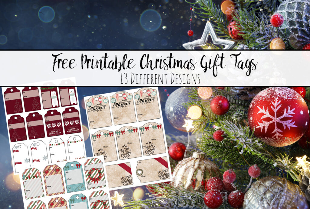 Featured image. Blue star background with Christmas garland and balls. Preview of all designs on top and text overlay.