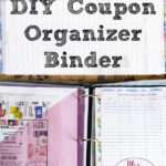 Pin image for how to make a coupon organizer binder. Lady with groceries & text overlay.