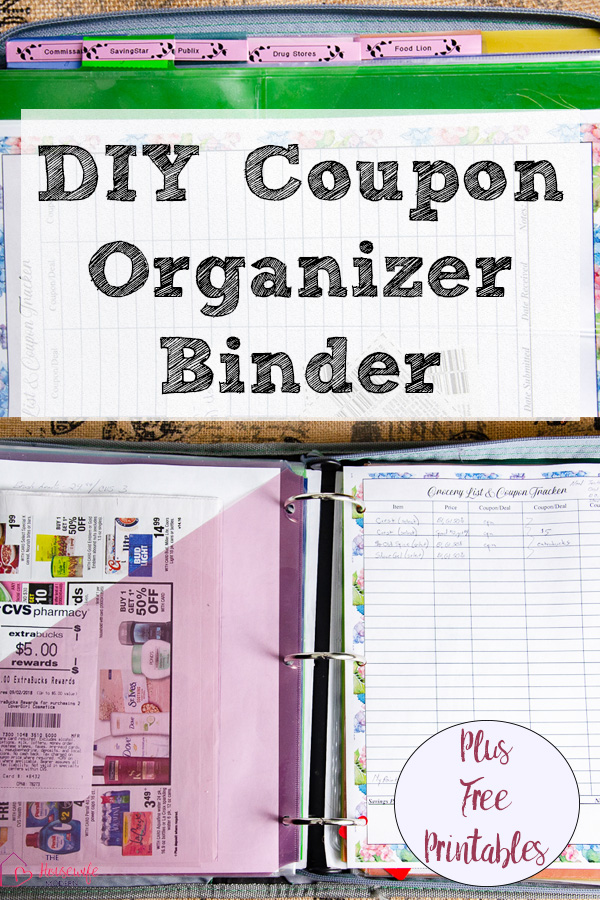 Pin image for how to make a coupon organizer binder. Lady with groceries & text overlay.