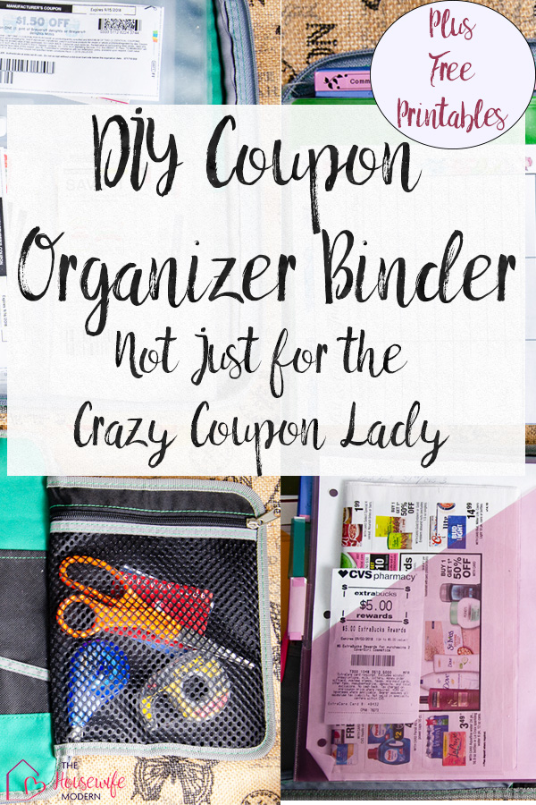 Pin image for how to make a coupon organizer binder. Lady with groceries & text overlay.