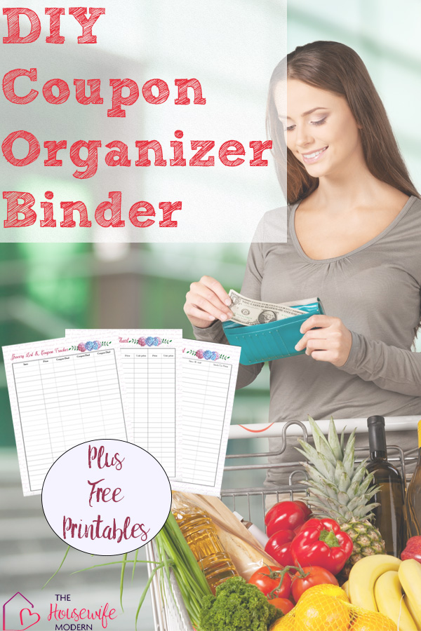 Pin image for how to make a coupon organizer binder. Lady with groceries & text overlay.