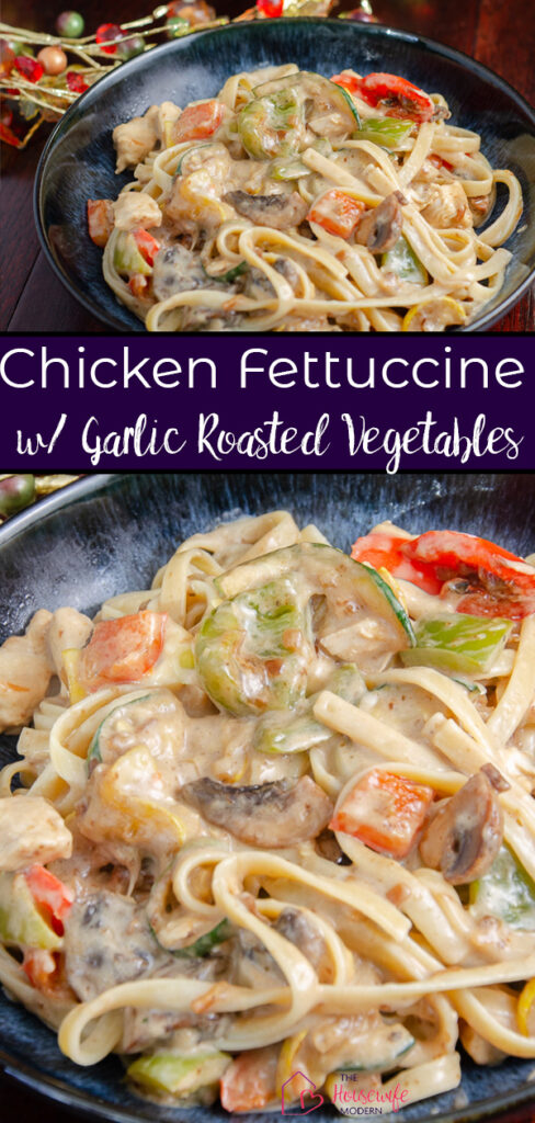Pin image for chicken fettuccine. Two pictures- one a close-up- with purple block and text overlay.