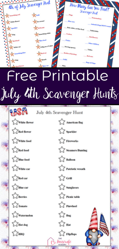 Pin image for free printable July 4th scavenger hunt. preview of all 3 hunts