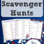 Pin image for free printable July 4th scavenger hunt. preview of all 3 hunts