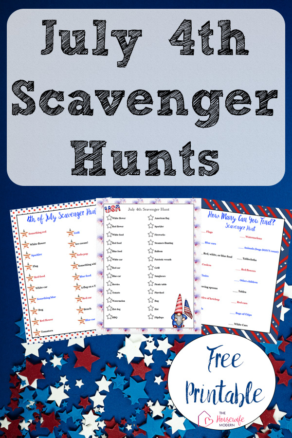 Pin image for free printable July 4th scavenger hunt. preview of all 3 hunts