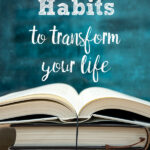 Pin image for keystone habits. Books and chalkboard. Text in white on chalkboard.