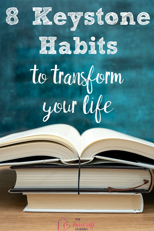 Pin image for keystone habits. Books and chalkboard. Text in white on chalkboard.